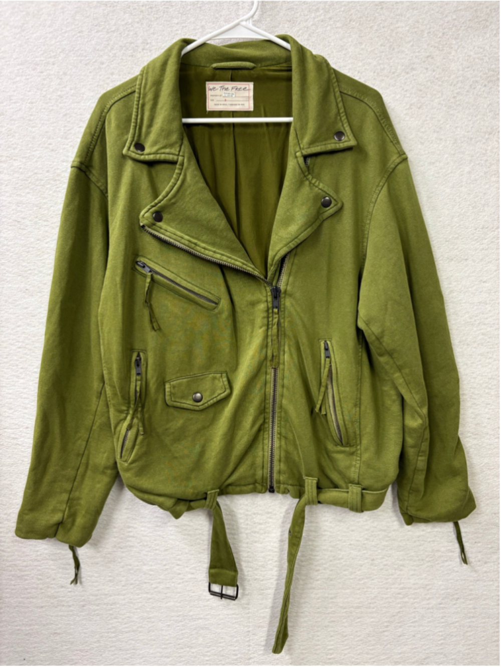 Free People We The Free Rebel Knit Moto Jacket S Olive Sparrow Green Belted